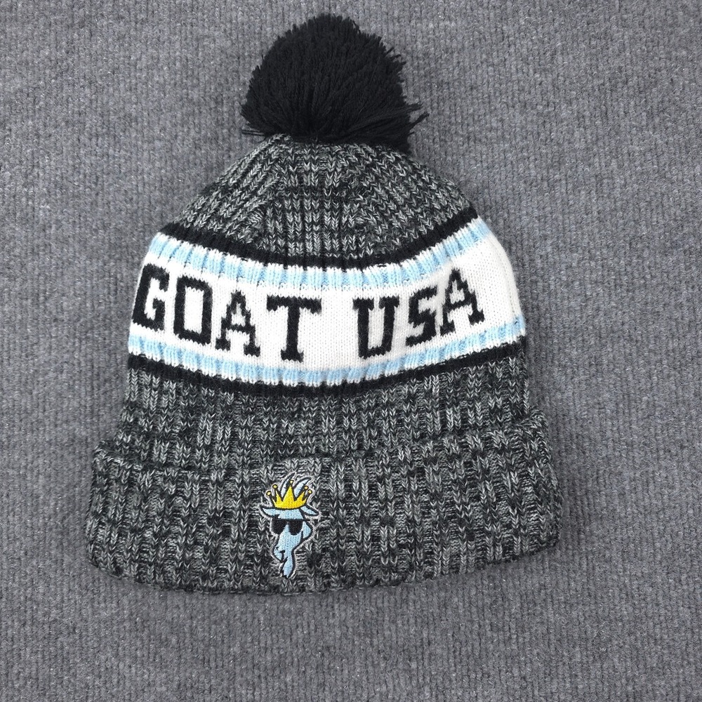 Goat USA Beanie OSFA Gray Black Knit Pom Pom Fleece Lined Winter Hat